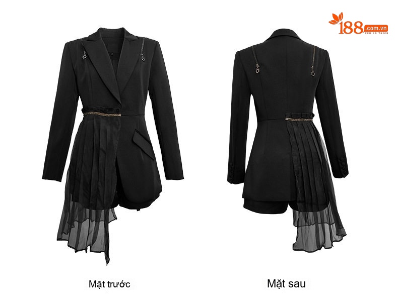 Đầm Vest Nữ Thiết Kế Tay Dài Cổ chữ Vest Chiết Eo Dáng Ngắn Màu Đen chi tiết 6