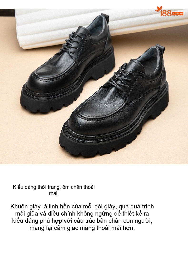 Giày Tây Buộc Dây Nam Da Bò Chiều Cao Đế Khoảng 5cm Màu Nâu, Đen chi tiết 3