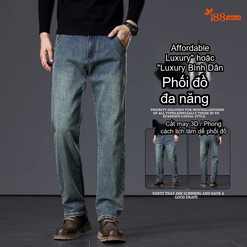 Quần Jean Nam Ống Suông Cotton Co Giãn Màu Xanh Vintage