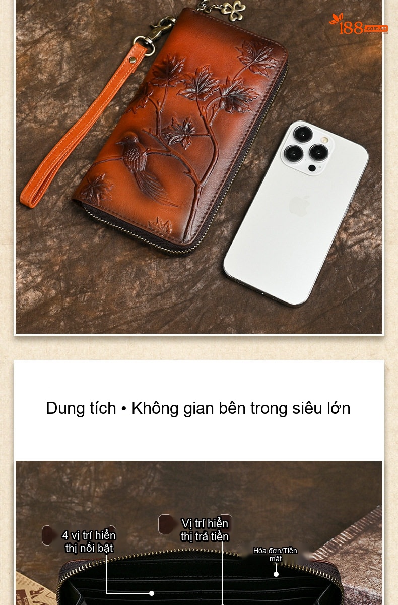 Ví Nữ Da Bò Dáng Dài Cầm Tay Khóa Kéo Dung Tích Lớn Màu Nâu chi tiết 5