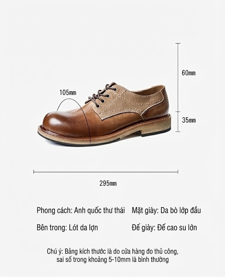 Giày Tây Buộc Dây Nam Da Bò Chiều Cao Đế Khoảng 3cm Màu Nâu, Be chi tiết 2