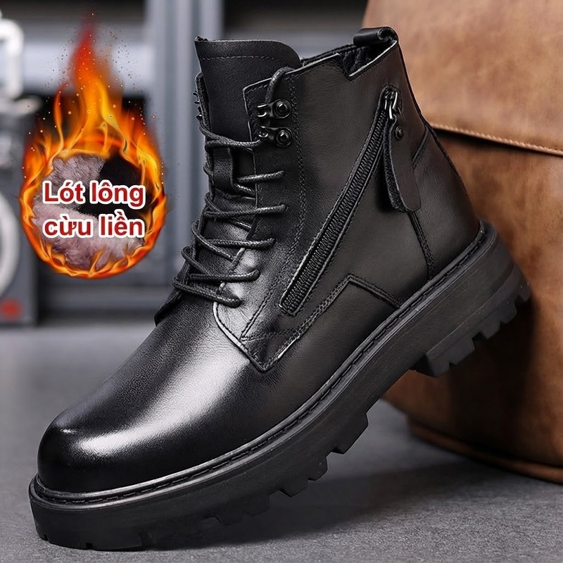 Boot Martin Nam Da Thật Lót Lông Cao Cổ Giữ Ấm Chiều Cao Đế Khoảng 4cm Màu Đen