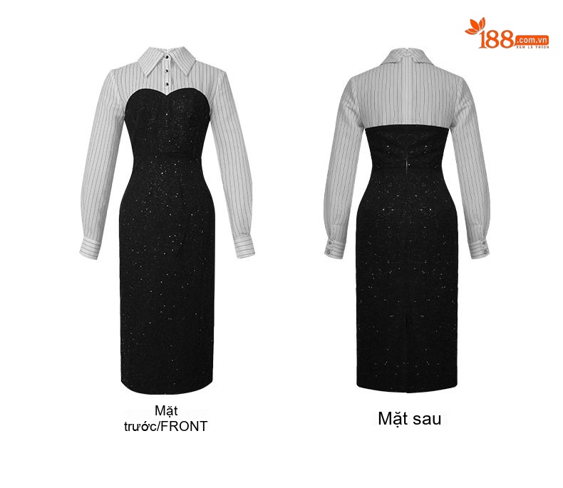 Váy Ôm Body Nữ Cổ Sơ Mi Tay Dài Kẻ Sọc Đính Kim Sa Lấp Lánh Phong Cách Pháp chi tiết 4
