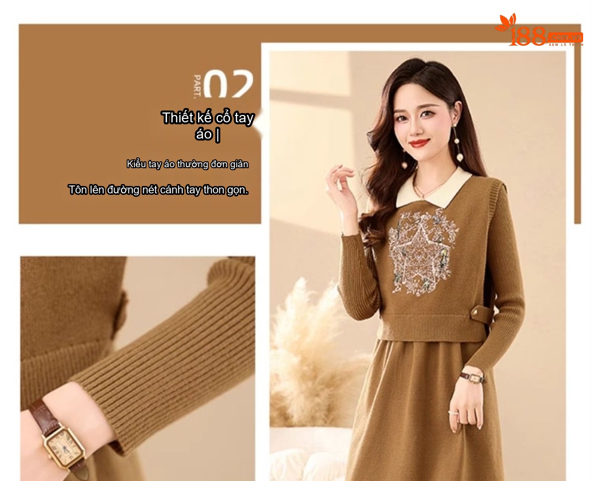 Set Bộ Dệt Kim Áo Và Chân Váy Dáng Dài Thêu Họa Tiết Phong Cách Thời Trang Màu Nâu, Xám chi tiết 13
