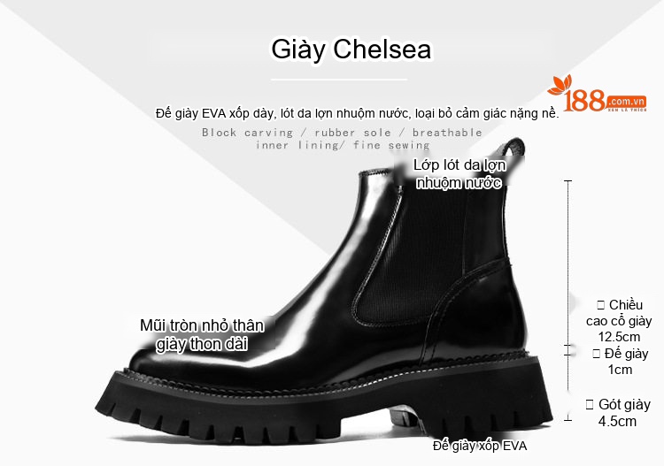 Boot Chelsea Nam Da Bóng Đế Dày Chiều Cao Đế Khoảng 5cm Màu Đen chi tiết 1