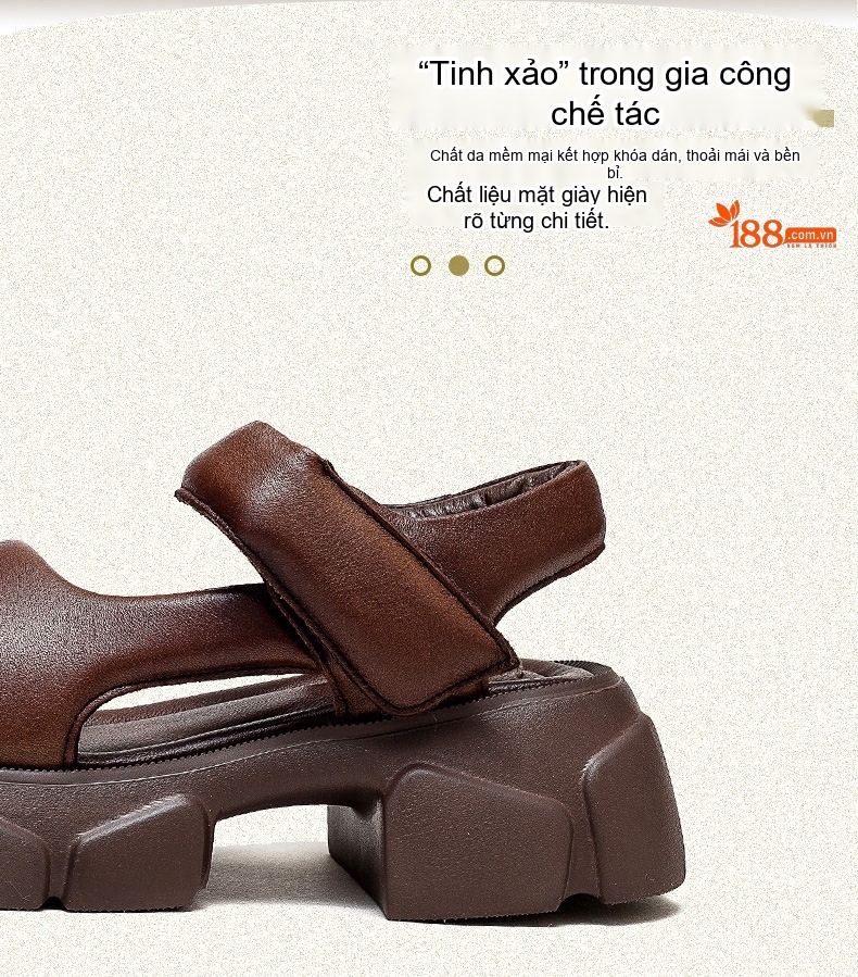 Giày Sandal Cao Gót Nữ Hở Ngón Da Bò Quai Hậu Đế Bệt Gót Cao 7cm - 8cm Màu Đen, Nâu chi tiết 3