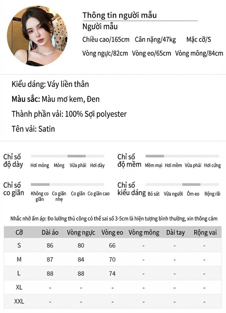 Váy Hai Dây Nữ Ôm Dáng Eo Thon Dáng Dài Phong Cách Pháp Màu Đen, Kem chi tiết 2