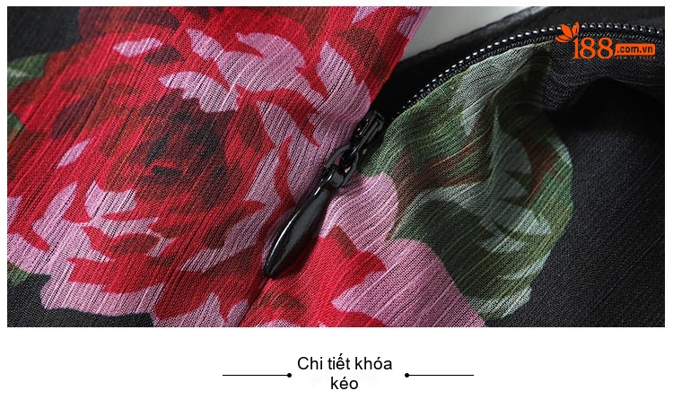 Váy Dự Tiệc Nữ In Hoa Cổ chữ V Xẻ Tà Dáng Ôm Eo Chất Liệu Voan Màu Đen chi tiết 10