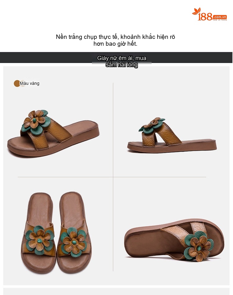 Dép Quai Ngang Nữ Da Bò Trang Trí Hoa Chiều Cao Đế Khoảng 2cm Màu Nâu, Trắng chi tiết 17
