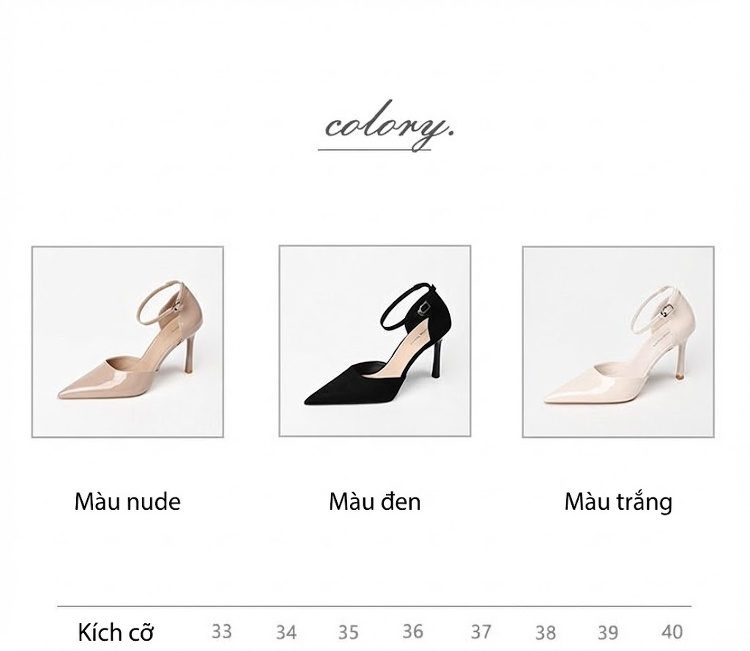 Giày Cao Gót Nữ Mũi Nhọn Hở Lưng Quai Ngang Chiều Cao Đế Khoảng 7cm Màu Đen, Kem chi tiết 4