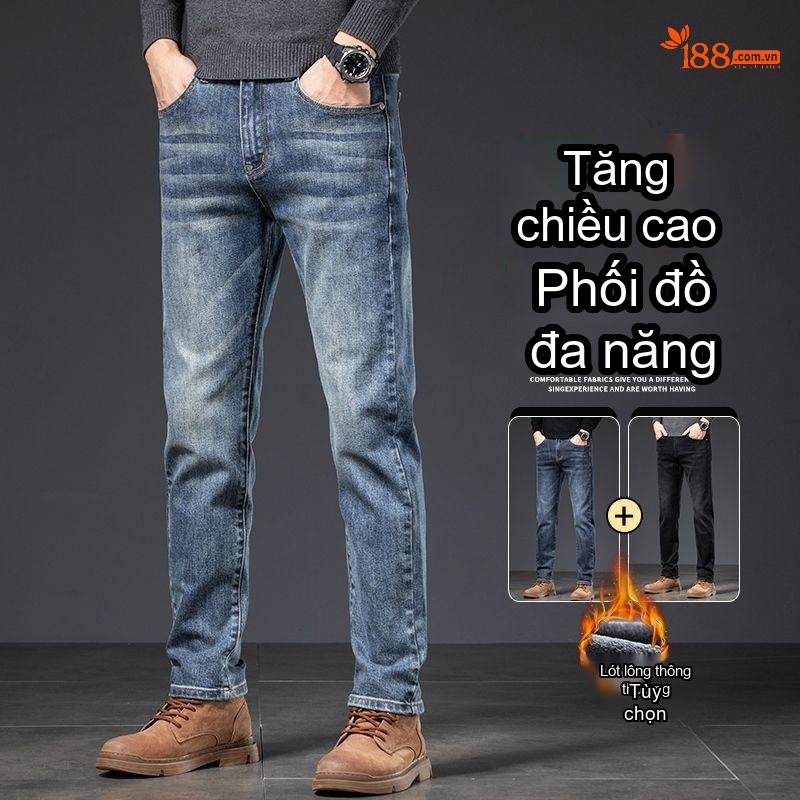 Quần Jean Nam Ống Đứng Co Giãn Lót Lông Cừu Dày Dặn Màu Xanh Dương Đậm