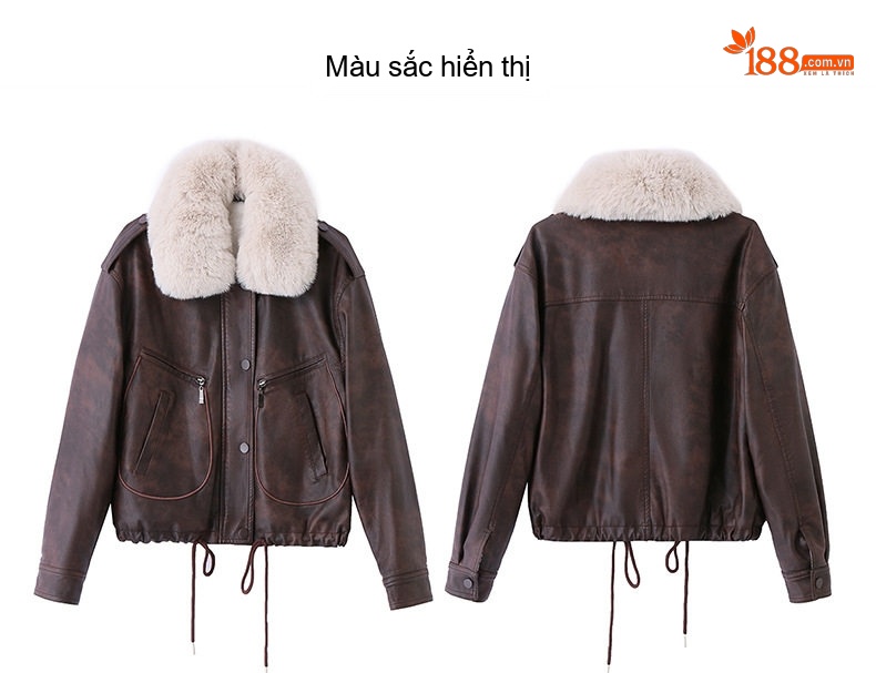 Áo Khoác Da PU Nữ Lót Lông Dày Dặn Cổ Lông Kiểu Motor Màu Đen, Nâu chi tiết 35