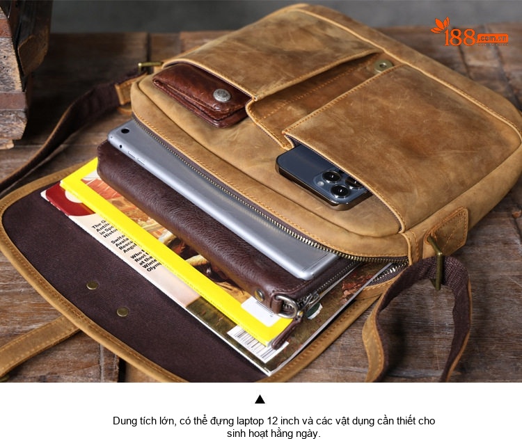 Túi Đeo Chéo Nam Da Bò Thật Thủ Công Vintage Túi Đựng Ipad Màu Nâu chi tiết 14