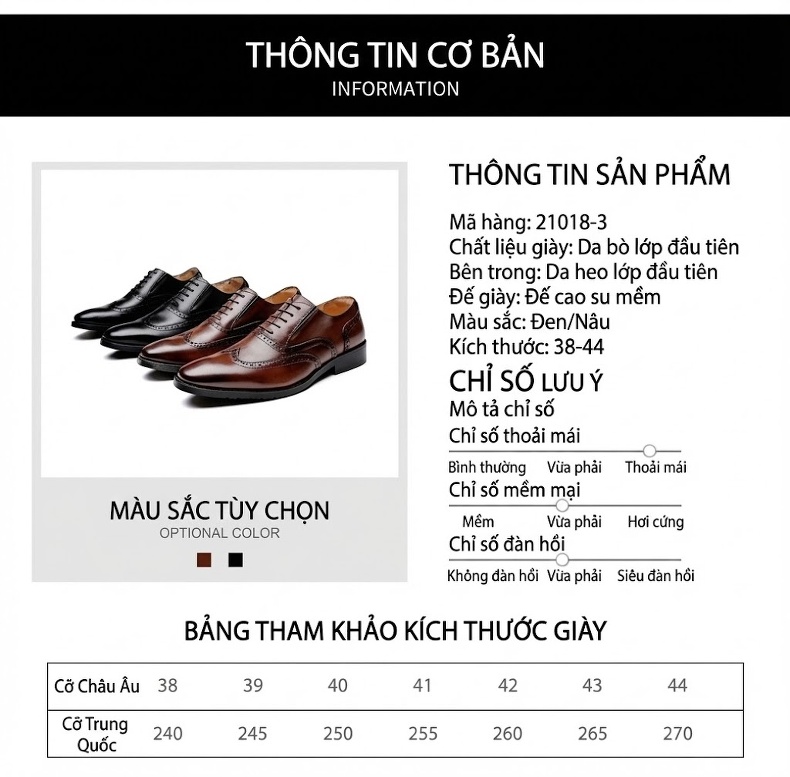 Giày Tây Buộc Dây Nam Da Bò Brogue Chiều Cao Đế Khoảng 3cm Màu Đen, Nâu chi tiết 5