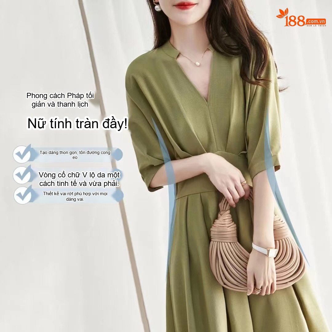 Váy liền thân Nữ Tay Ngắn Cổ chữ V Chữ A Thắt Eo Dáng Rớt Vai Màu Trắng, Hồng, Xanh...