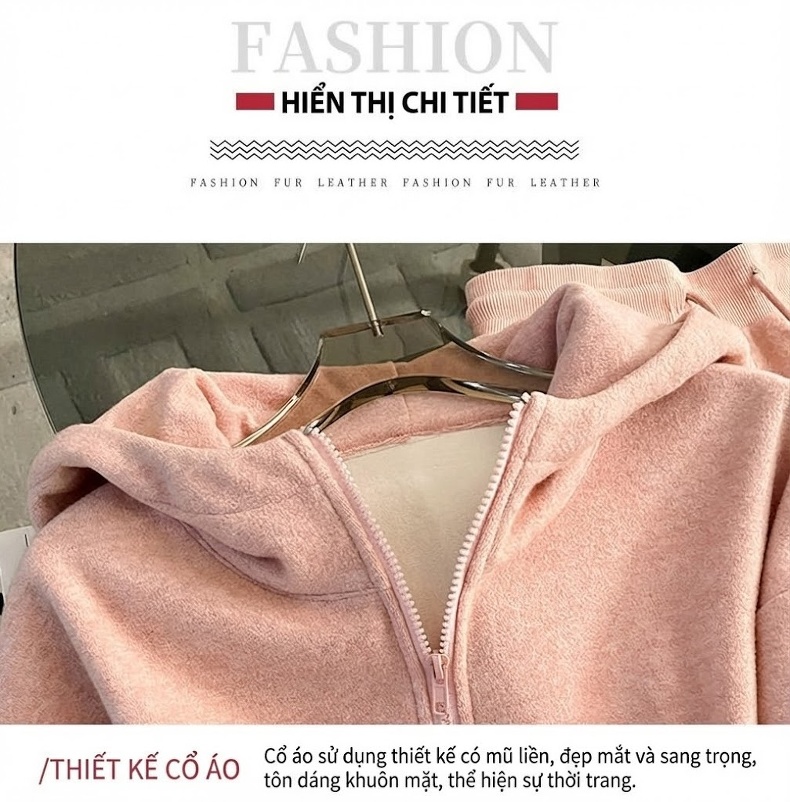 Bộ đồ thể thao nữ áo hoodie dáng rộng quần ống rộng lót lông chi tiết 16