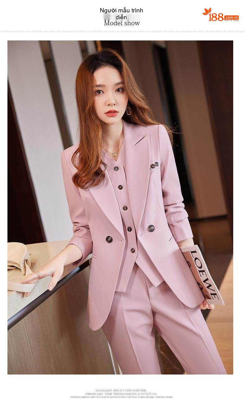 Bộ Vest Công Sở Nữ 3 Món Áo Khoác, Áo Gile, Quần Dài Màu Hồng, Kem, Xanh Navy chi tiết 10