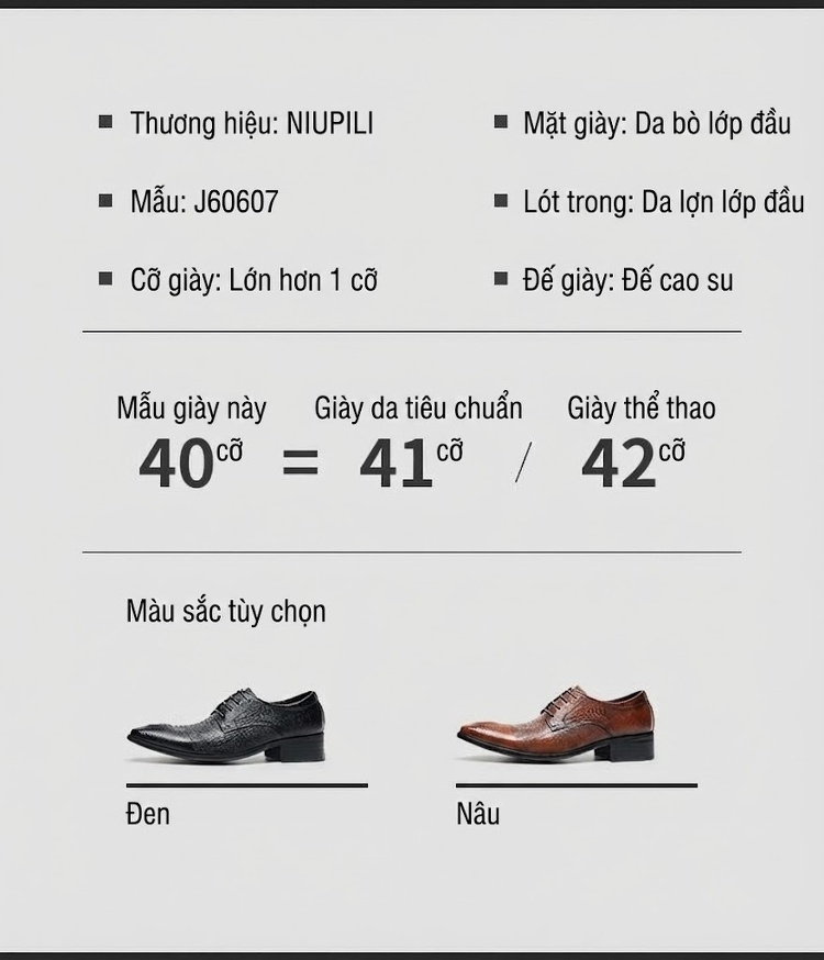 Giày Tây Buộc Dây Nam Da Bò Dập Vân Cá Sấu Chiều Cao Đế Khoảng 3cm Màu Đen, Nâu chi tiết 7