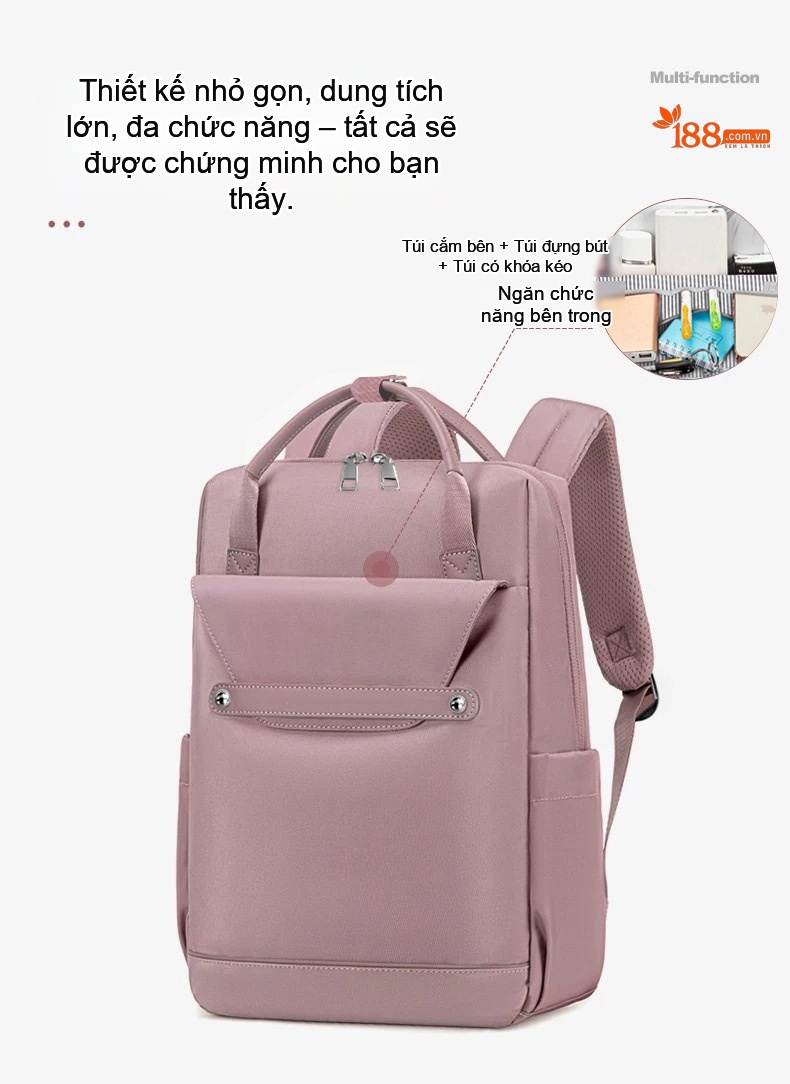 Balo Nữ Đa Năng Chống Nước Sức Chứa Lớn Đi Làm Du Lịch Màu Đen, Kem, Hồng, Nâu... chi tiết 8