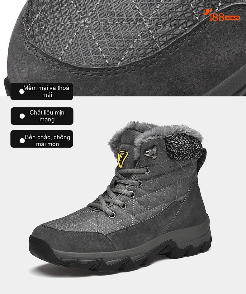 Giày Boot Nam Cổ Cao Lót Lông Đi Tuyết Chống Trượt Chiều Cao Đế Khoảng 4cm Màu Đen, Xám chi tiết 9