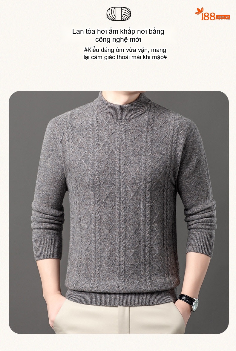 Áo Len Nam 100% Lông Cừu Cashmere Dệt Kim Cổ Bán Tròn Họa Tiết Màu Nâu, Xám, Xanh Đen... chi tiết 1