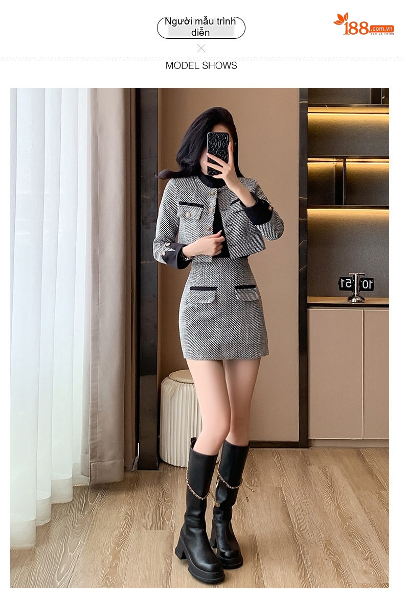 Set Áo Khoác Lửng và Chân Váy Ngắn Vải Tweed Phong Cách Tiểu Thư Màu Xám chi tiết 9