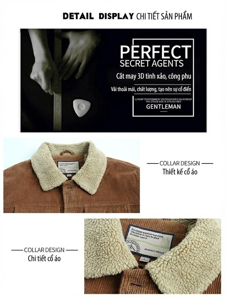 Áo Khoác Bông Nam Cotton Gân Tăm Lót Lông Cổ Tay Ngắn Màu Nâu, Đen, Xám chi tiết 13