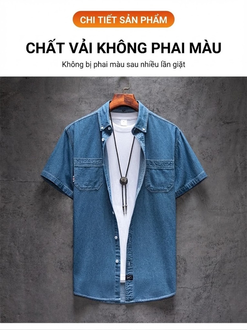 Áo Sơ Mi Tay Ngắn Cotton Denim Nam Phong Cách Hàn Quốc Màu Xanh Dương Nhạt, Xanh Dương Đậm chi tiết 6