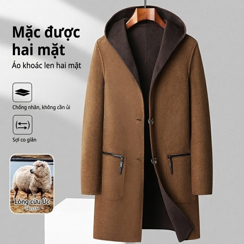 Áo Khoác Dạ Nam Dáng Dài Túi Hộp Lông Cừu Non Hai Mặt Màu Nâu, Xám