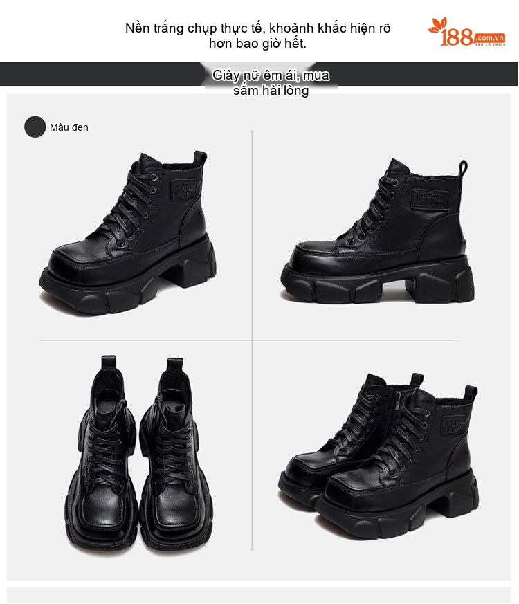 Boot Martin Nữ Da Bò Cổ Cao Đế Bánh Mì Chiều Cao Đế Khoảng 6cm Màu Đen, Nâu chi tiết 13