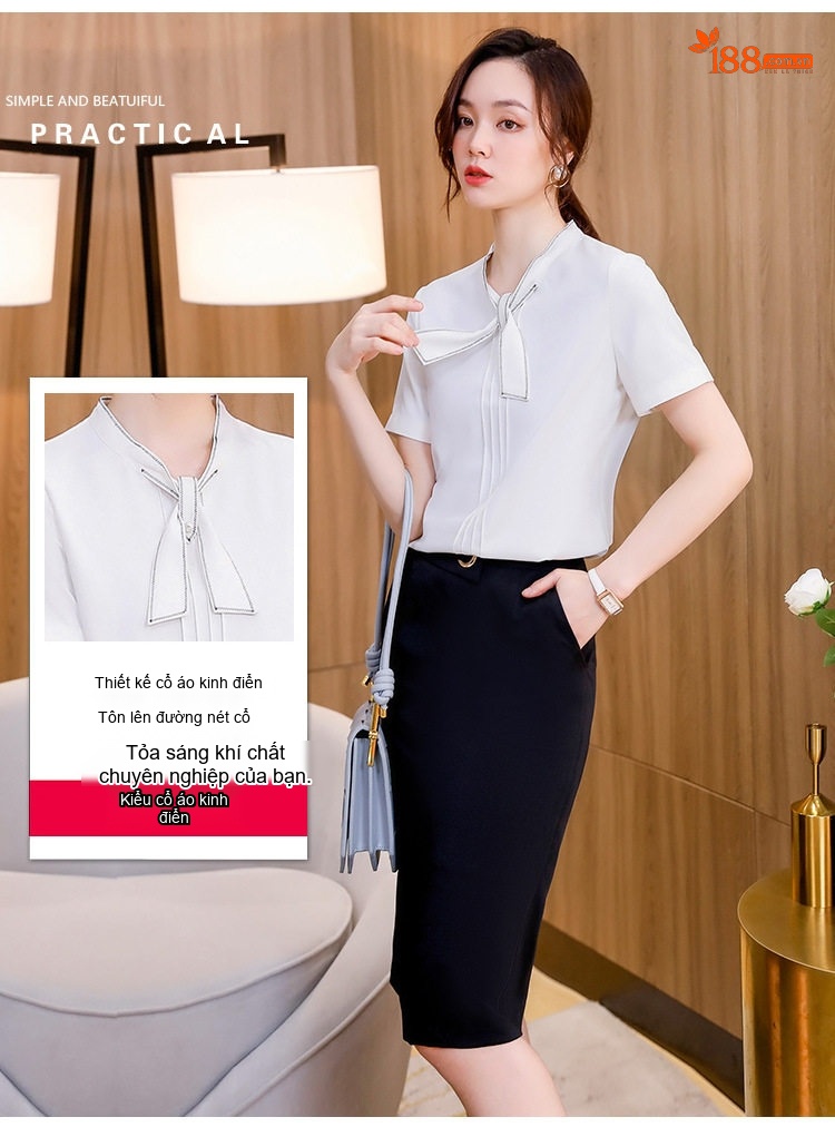Áo Sơ Mi Nữ Tay Ngắn Cổ Nơ Voan Kiểu Pháp Công Sở Màu Trắng, Xanh chi tiết 5