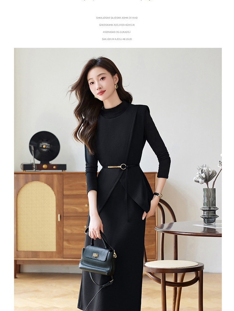 Set Bộ Công Sở Nữ Áo Thun Tay Dài, Áo Gile, Chân Váy Midi Thanh Lịch Màu Đen, Xám chi tiết 2
