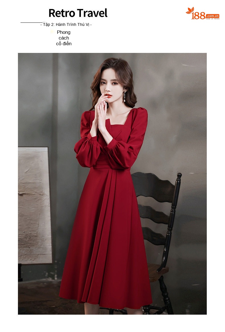 Váy Dự Tiệc dáng chữ A Tay Dài Cổ chữ Vuông Màu Đỏ Rượu Vang, Trắng chi tiết 7