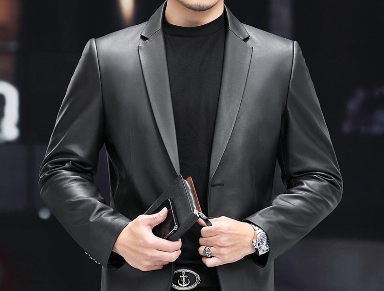 Áo Khoác Blazer Nam Da Cừu Thiết Kế Dáng Ôm Phong Cách Business Casual Màu Đen chi tiết 10