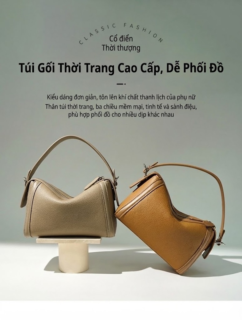Túi Boston Da Bò Đeo Vai/Đeo Chéo Thiết Kế Tối Giản Màu Nâu chi tiết 1