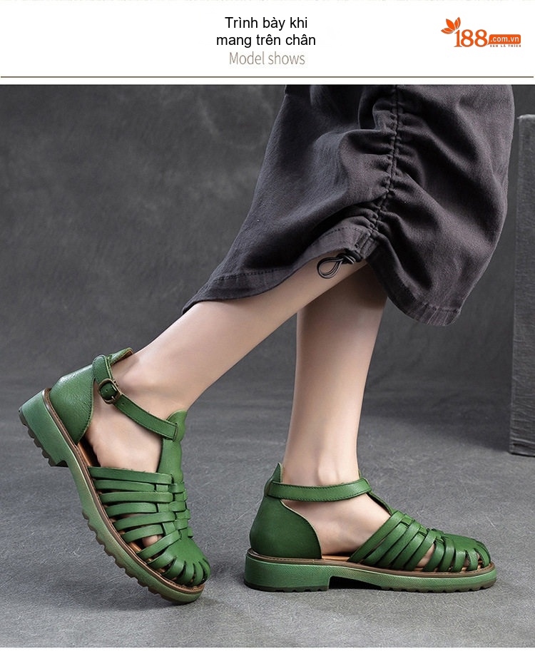 Dép Sandal Nữ Da Heo Quai Lồng Đế Cao 3cm - 4cm Màu Nâu, Xanh Lá, Trắng chi tiết 8