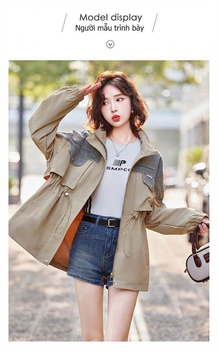 Áo Khoác Gió Nữ Ngắn Tay Lỡ Phối Jeans Dáng Nhỏ Có Mũ Rút Dây Màu Be, Đen, Xám chi tiết 1