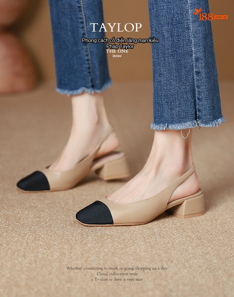 Giày Slingback Nữ Mũi Vuông Gót Trụ Bít Mũi Hở Gót Chiều Cao Đế Khoảng 3.5cm Màu Đen, Kem, Bạc chi tiết 3