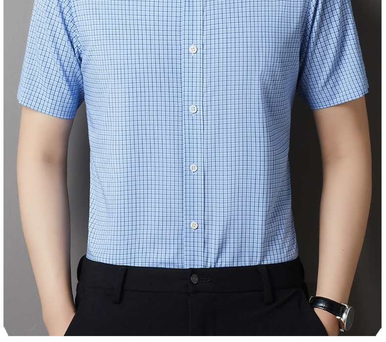 Áo Sơ Mi Nam Sợi Tơ Lụa Cotton Ngắn Tay Chống Nhăn Phong Cách Thanh Lịch Màu Xanh Da Trời, Tím chi tiết 9