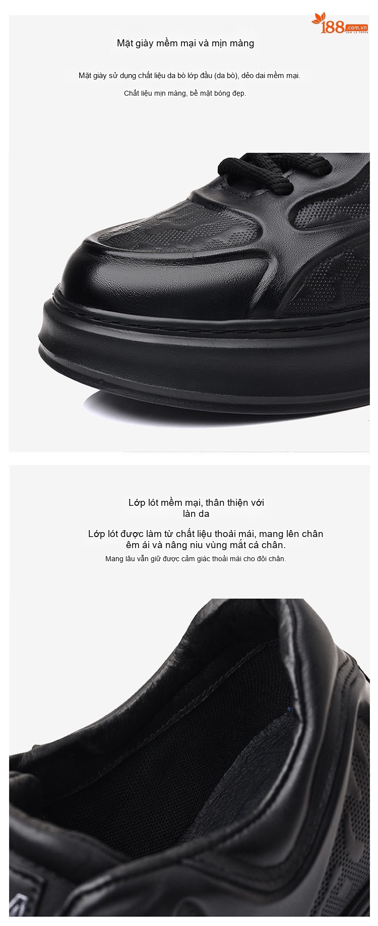 Giày Sneaker Nam Da Bò Mềm Mại Chiều Cao Đế Khoảng 4cm Màu Đen chi tiết 5