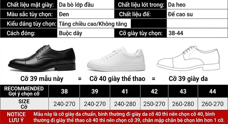 Giày Tây Buộc Dây Nam Da Bò Chiều Cao Đế Khoảng 3cm Màu Đen chi tiết 4