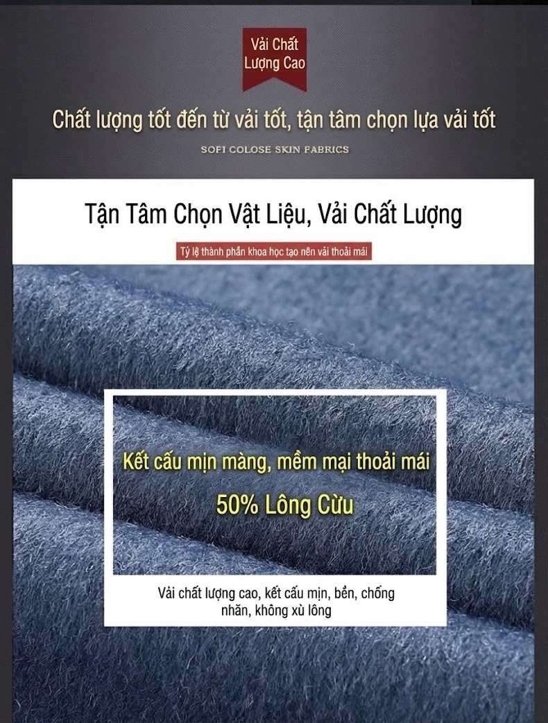 Áo Khoác Dạ Nam Trung Niên Dáng Dài Thu Đông Màu Xanh, Đen, Xám, Nâu chi tiết 2
