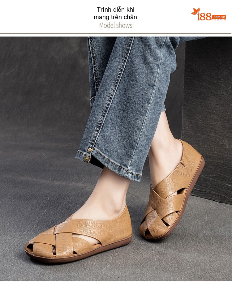 Dép Sandal Nữ Quai Đan Hở Ngón Thoáng Khí Đế Bằng Đế Cao 3cm - 4cm Màu Nâu, Xanh, Vàng chi tiết 8