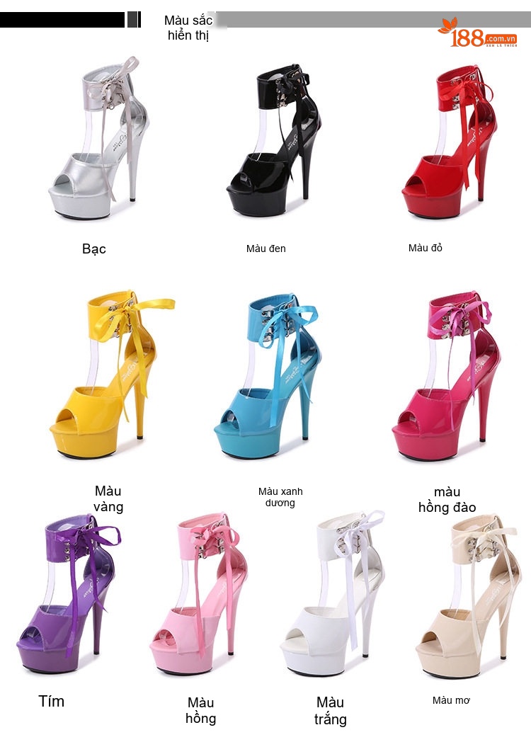 Giày Sandal Cao Gót Nữ Quai Cổ Chân Da Bóng Gót Cao 13cm Màu Đen, Đỏ, Kem, Xanh... chi tiết 2
