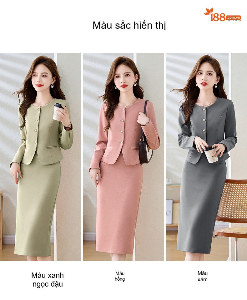 Set Bộ Vest Nữ Áo Blazer Tay Lỡ Chân Váy Bút Chì Công Sở Thanh Lịch Màu Hồng, Xanh, Xám chi tiết 3