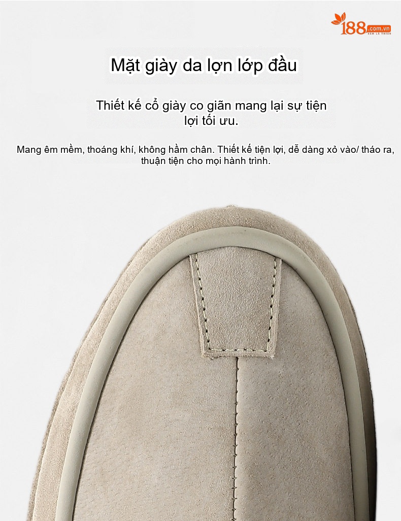Giày Lười Nam Da Thật Bề Mặt Da Mờ Chiều Cao Đế Khoảng 3cm Màu Xám, Kem chi tiết 7