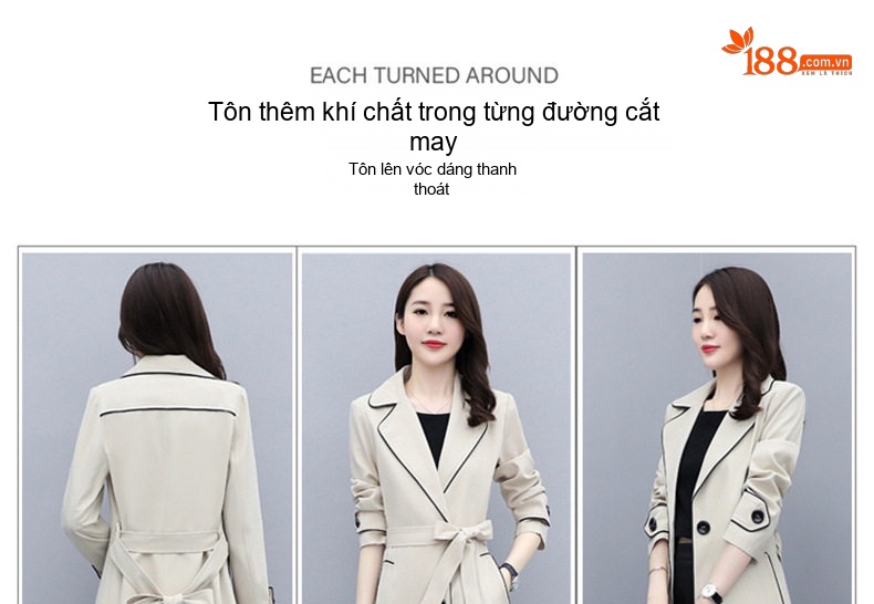 Áo Khoác Mangto Nữ Dáng Dài Thắt Eo Phong Cách Anh Quốc Thanh Lịch Màu Be, Hồng, Xanh chi tiết 5