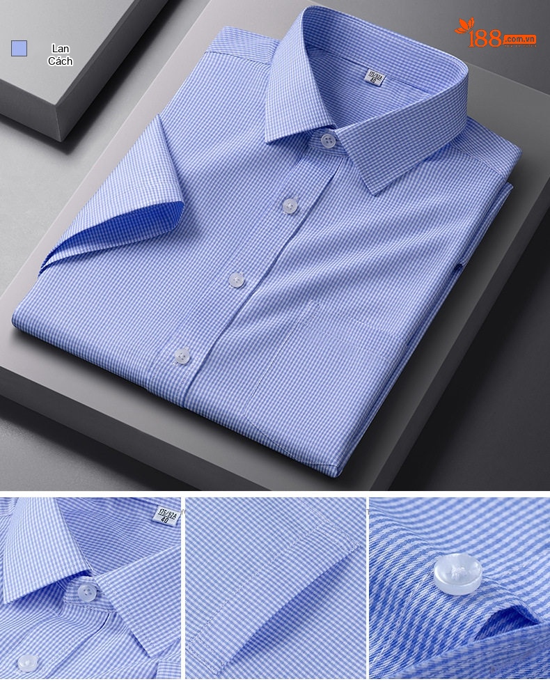 Áo Sơ Mi Nam Cotton Ngắn Tay Dáng Ôm Chống Nhăn Màu Trắng, Xanh Dương, Tím, Xám... chi tiết 21
