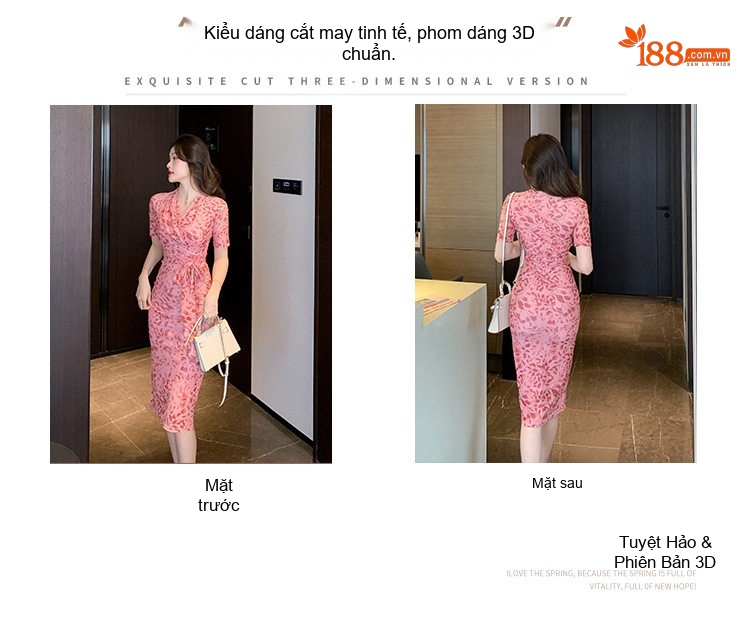 Váy Ôm Body In Hoa Lưới Phong Cách Thanh Lịch Cổ Chữ V Thắt Eo Màu Hồng chi tiết 3