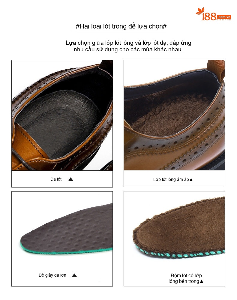 Giày Tây Brogue Nam Da Thật Lót Lông Chiều Cao Đế Khoảng 3.5cm Màu Đen, Nâu chi tiết 4